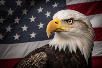 Bald eagle with american flag gray background. Strength, unity, national day.