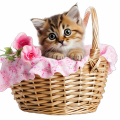 aidesigner cute kitten within decorated basket on white background