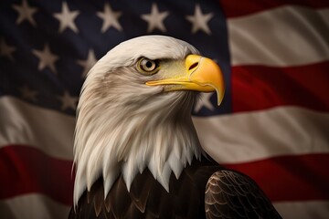 Bald eagle with american flag gray background. Strength, unity, national day.