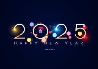 Happy New 2025 Year poster template with bokeh light effects. New Year gold number. Calendar design.
