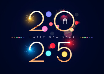 Happy New 2025 Year poster template with bokeh light effects. New Year gold number. Calendar design.