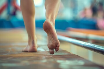 Gymnast's Feet Poised on Balance Beam in Gymnasium - Precision and Focus in Gymnastics