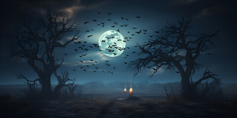 spooky halloween night, A full moon illuminates the mysterious cave tucked away in the dark
