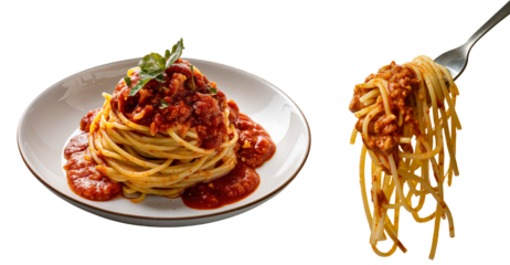 Italian Spaghetti noodles with sauce bolognese wrapped around fork and hanging, plate, isolated transparent PNG cutout, Italian food