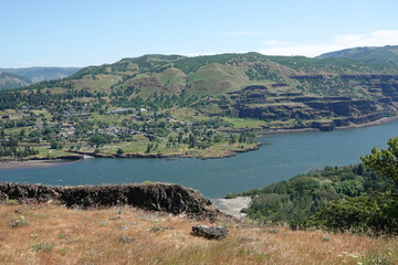 Wide and high angle view on the Columbia river gorge valley from the Rowena ctrest viewpoint in...