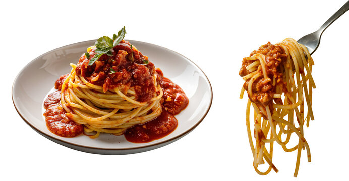 Italian Spaghetti noodles with sauce bolognese wrapped around fork and hanging, plate, isolated transparent PNG cutout, Italian food