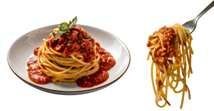 Italian Spaghetti noodles with sauce bolognese wrapped around fork and hanging, plate, isolated transparent PNG cutout, Italian food - Powered by Adobe