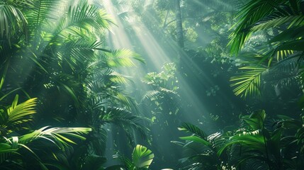 Rainforest Canopy: Capture the dense, green canopy of a rainforest with rays of sunlight piercing through, and diverse wildlife inhabiting the treetops. Emphasize the complexity and richness of this n