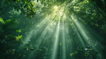 Rainforest Canopy: Capture the dense, green canopy of a rainforest with rays of sunlight piercing through, and diverse wildlife inhabiting the treetops. Emphasize the complexity and richness of this n