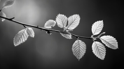 Black and white images of fresh spring leaves on a young tree