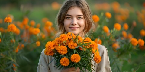 Naklejka premium Young woman delicately holds vibrant bunch of orange marigold flowers. Concept Fashion Photography, Floral Arrangement, Feminine Style, Elegance, Natural Beauty