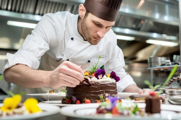 Fototapeta premium Chef Decorating Chocolate Cake with Edible Flowers in High-End Restaurant Kitchen for Gourmet Dessert Presentation