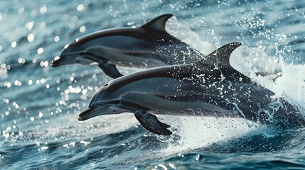 Obraz premium dolphins leaping out of the water, their sleek bodies glistening in the sunlight against a backdrop of the open ocean.