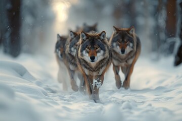 a pack of wolves in mid-hunt, moving stealthily through a snow-covered forest, their breath visible in the cold air. © THE IZEL ART