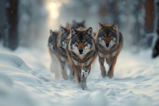 a pack of wolves in mid-hunt, moving stealthily through a snow-covered forest, their breath visible in the cold air.