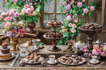Fototapeta premium Elegant Chocolate-Themed Afternoon Tea with Vintage Decor and Floral Arrangements - Perfect for Spring Celebrations