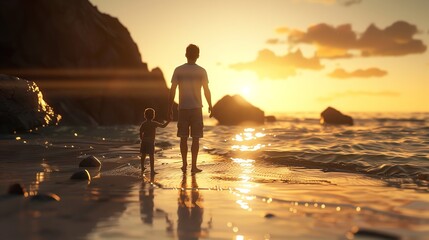 Father and Son on Sunset Beach

