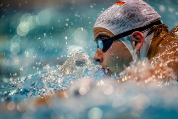 Competitive Swimmer in Medley Race - Detailed Focus on Athlete and Dynamic Water Patterns - Perfect for Sports Posters, Articles, and Designs