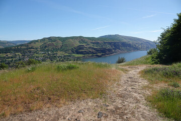 Wide and high angle view on the Columbia river gorge valley from the Rowena crest viewpoint in Oregon