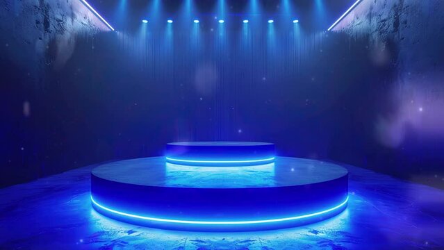 Speaker podium. Podium winner. Podium fashion. Blue spotlights, stage lights, beautiful lighting. Comedy night background template. a blue round podium on a technologic with blue lights. Pure color