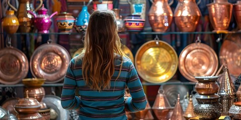 Obraz premium A young woman exploring a copper souvenir shop in Marrakesh Morocco representing travel lifestyle. Concept Travel Lifestyle, Marrakesh Souvenir Shop, Young Woman, Copper Souvenirs, Exploration