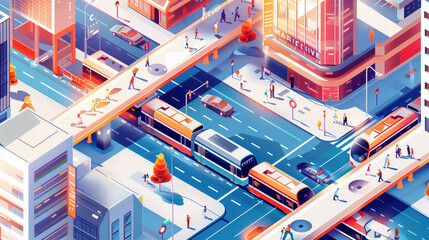 Fototapeta premium A train is traveling down a track in a city. The train is surrounded by tall buildings and people walking on the sidewalk. Scene is busy and bustling