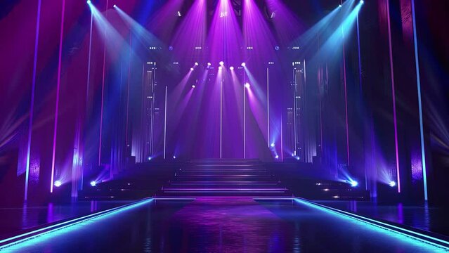 Speaker podium. Podium winner. Podium fashion. Blue spotlights, stage lights, beautiful lighting. Comedy night background template. a blue round podium on a technologic with blue lights. Pure color
