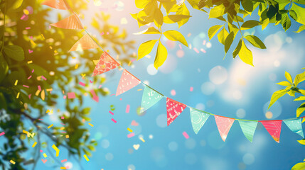 Fair, colorful background with triangular flags. Flags hang against the blue sky for a fun fiesta event, summer farm holiday celebration, carnival festival, park decoration or street festival