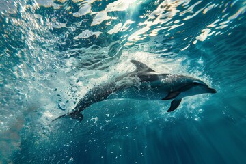Fototapeta premium Graceful Dolphin Swimming Underwater with Sunlight Reflections - Marine Life Photography