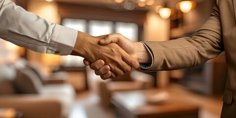 Two businessmen shaking hands in a real estate office after closing a deal. Concept Business, Real Estate, Handshake, Office, Deal,