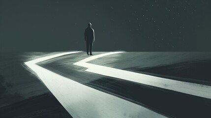 A man is walking on a road with two white lines