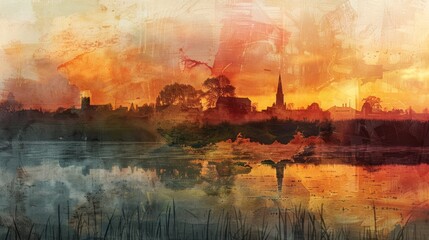 Vibrant Constable Landscape The Stour Valley and Dedham Village Silhouetted in Double Exposure
