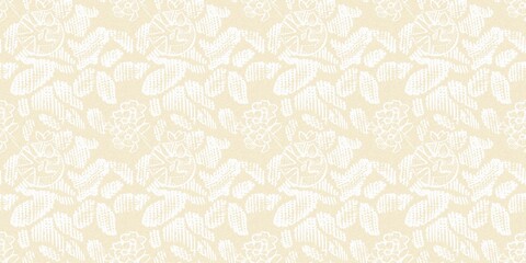 Modern white on cream lace effect wedding border texture. Soft tonal linen openwork block print with subtle hand drawn lattice damask printed fabric banner edge trim. 