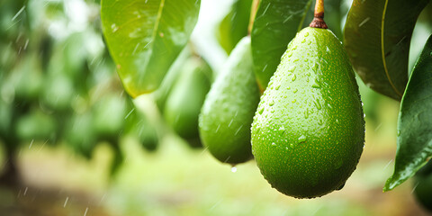 Bunch of fresh avocados ripening on an avocado tree branch in sunny garden
