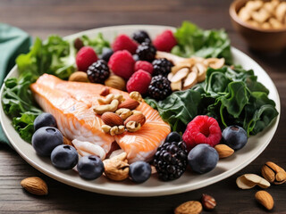 A plate filled with kidney-friendly foods, such as leafy greens, berries, fish, and nuts, highlighting the role of nutrition in maintaining kidney health. with Generative AI Technology	
