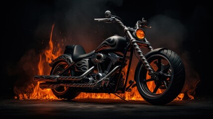 Dark chopper motorcycle on a burning motorcycle. Black background. Dark art wallpaper image of a chopper motorcycle.