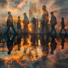 Silhouetted People Walking Against Cityscape at Sunset