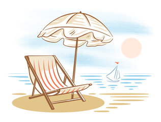 Sun lounger under a sun umbrella and a sailboat in the background. Beach sea vacation. Sketch Vector