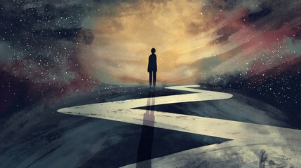 A person is standing on a road that is curved and has a zigzag pattern. The sky is dark and cloudy, and there are many stars visible. Scene is mysterious and somewhat ominous