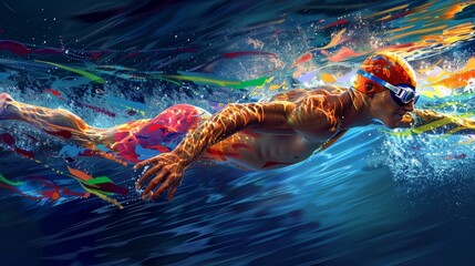 Vibrant Artistic Rendering of a Swimmer in Motion with Abstract Colors and Shapes