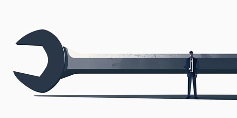 Businessman Holding Giant Wrench