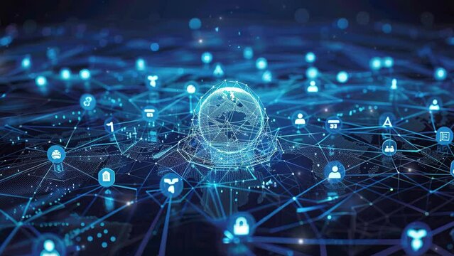 Global connection concept. Representation of the globe surrounded by technology icons and social media icons. Global social media network. Communication technology background
