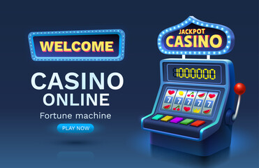 Casino 777 banner slots machine winner, jackpot fortune of luck. Vector illustration