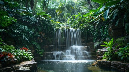 Tropical Paradise: Capture the lush beauty of a tropical rainforest with dense foliage, exotic plants, and a cascading waterfall. Show the vibrant life and lushness of this ecosystem.