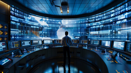 A futuristic cityscape with a large screen displaying a map of the world. Scene is one of technological advancement and progress