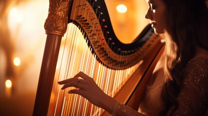 Young female musician plays the harp during a classical music performance.
