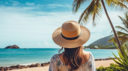 Happy young woman wearing a smiling hat relaxing at the seaside and looking out in the summer