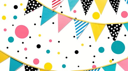 Obraz premium Festive background with colorful flags and confetti on a white background. Decoration element for celebration, carnaval, birthday party. 