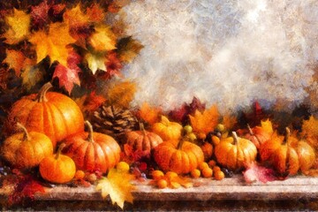 Vibrant oil painting captures the essence of autumn, featuring a cozy Thanksgiving scene with room for text, perfect for festive cards or illustrations.