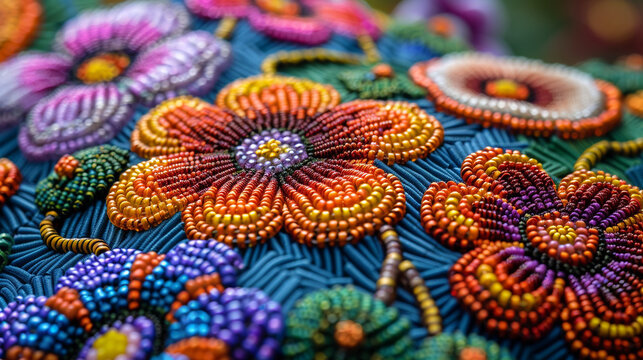 close up of colourful bead work from native peruvian indigenous people
